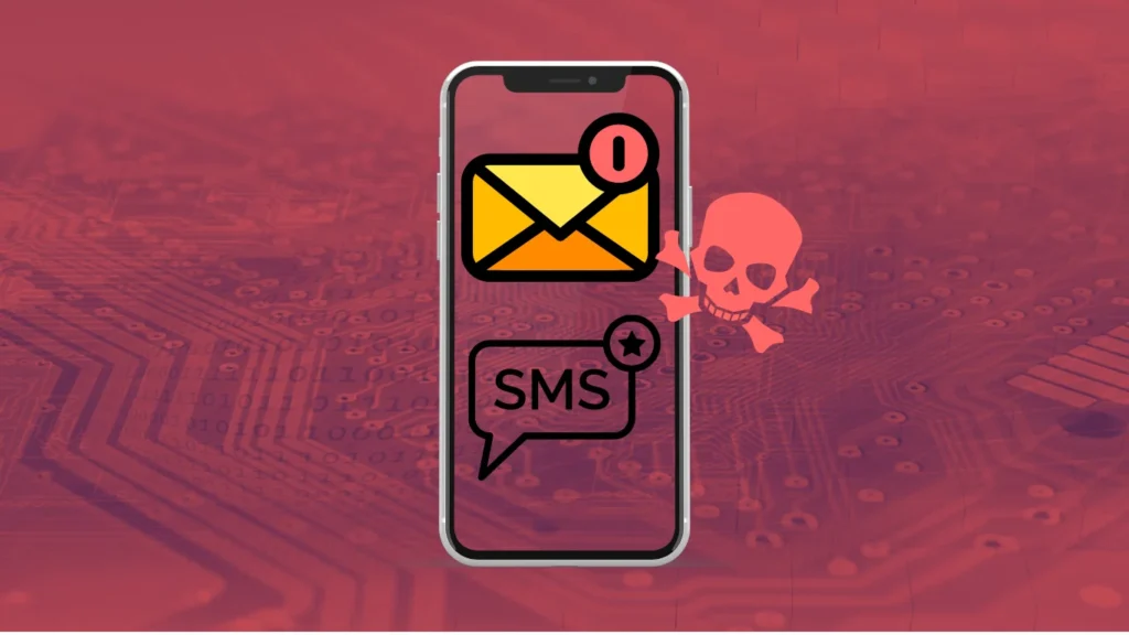 Móvil mostrando un SMS sospechoso junto a una calavera, simbolizando un ataque de smishing.